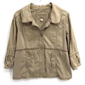 Y2K Casion Utility Jacket 3/4 Sleeve Size XL Green Button Front Back Tie Trim